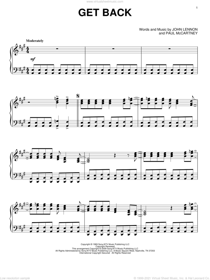 Get Back, (intermediate) sheet music for piano solo by The Beatles, John Lennon and Paul McCartney, intermediate skill level