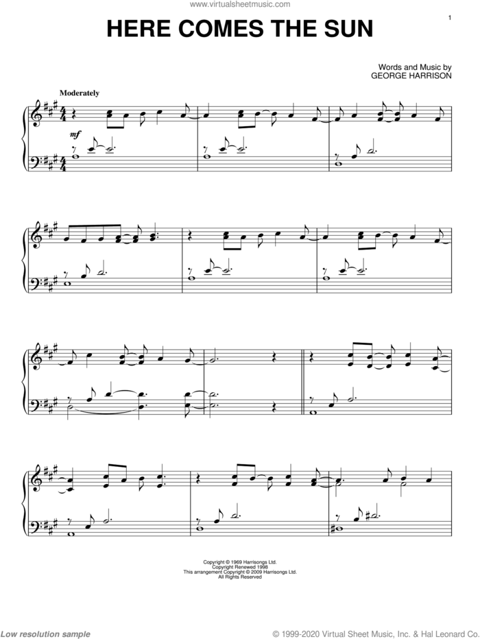Here Comes The Sun, (intermediate) sheet music for piano solo by The Beatles and George Harrison, intermediate skill level