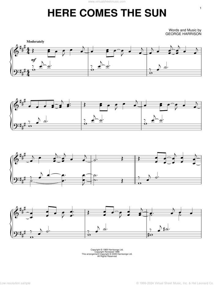 Here Comes The Sun, (intermediate) sheet music for piano solo by The Beatles and George Harrison, intermediate skill level