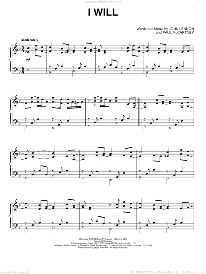 I Will, (intermediate) sheet music for piano solo by The Beatles, John Lennon and Paul McCartney, wedding score, intermediate skill level