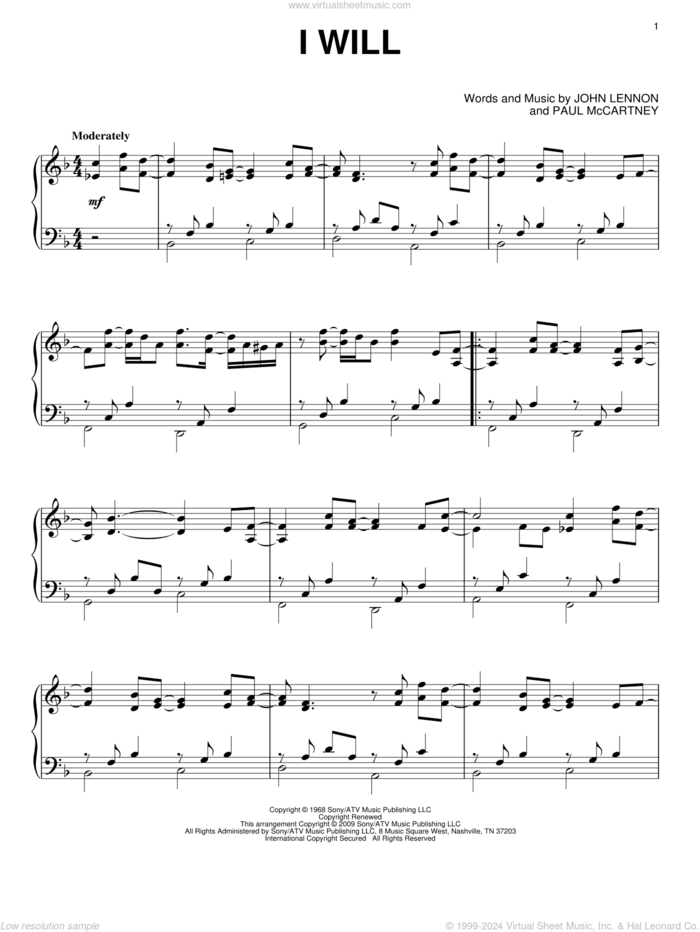 I Will, (intermediate) sheet music for piano solo by The Beatles, John Lennon and Paul McCartney, wedding score, intermediate skill level