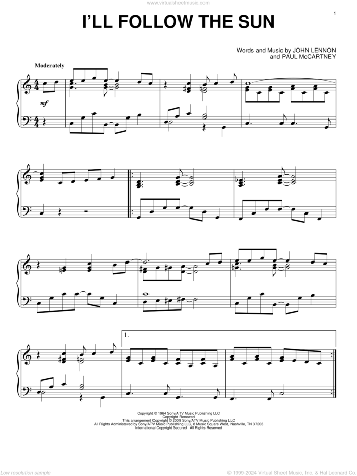 I'll Follow The Sun sheet music for piano solo by The Beatles, John Lennon and Paul McCartney, intermediate skill level