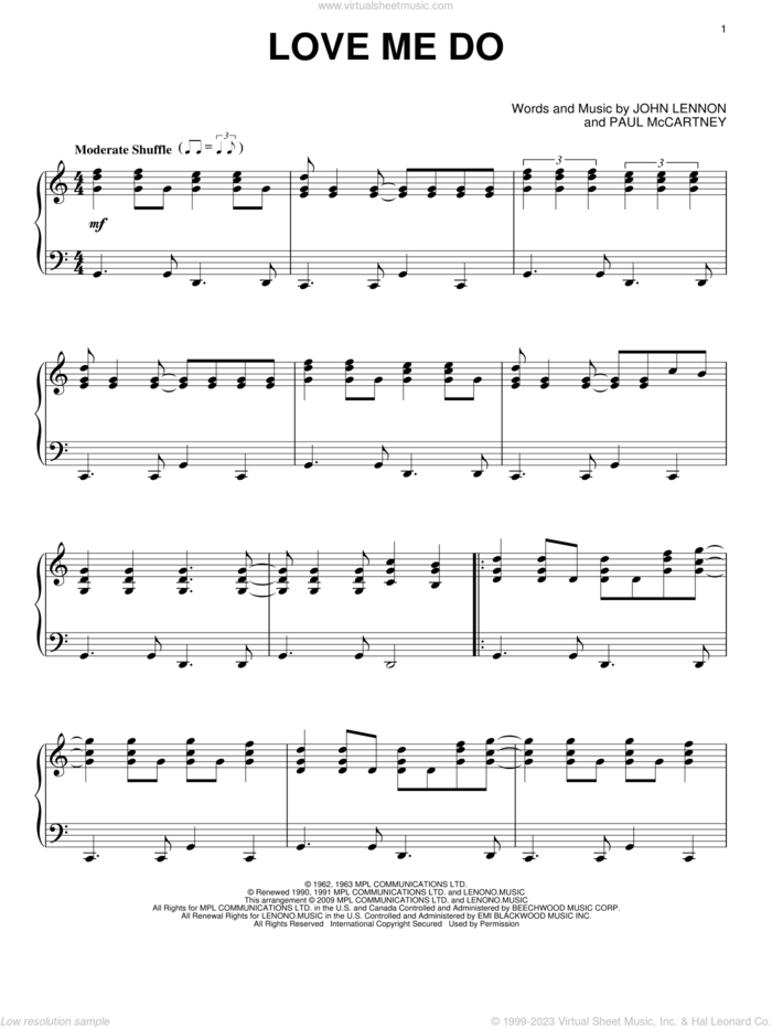 Love Me Do, (intermediate) sheet music for piano solo by The Beatles, John Lennon and Paul McCartney, intermediate skill level