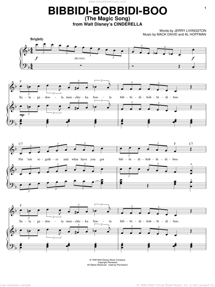 Bibbidi-Bobbidi-Boo (The Magic Song) (from Cinderella) sheet music for voice and piano by Bobby McFerrin, Louis Armstrong, Verna Felton, Al Hoffman, Jerry Livingston and Mack David, intermediate skill level