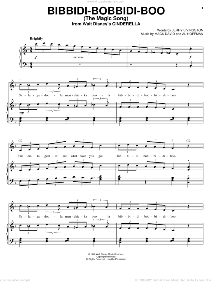 Bibbidi-Bobbidi-Boo (The Magic Song) (from Cinderella) sheet music for voice and piano by Bobby McFerrin, Louis Armstrong, Verna Felton, Al Hoffman, Jerry Livingston and Mack David, intermediate skill level