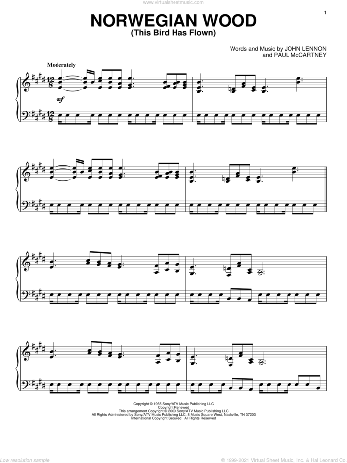 Norwegian Wood (This Bird Has Flown) sheet music for piano solo by The Beatles, John Lennon and Paul McCartney, intermediate skill level