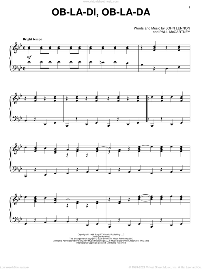 Ob-La-Di, Ob-La-Da, (intermediate) sheet music for piano solo by The Beatles, John Lennon and Paul McCartney, intermediate skill level