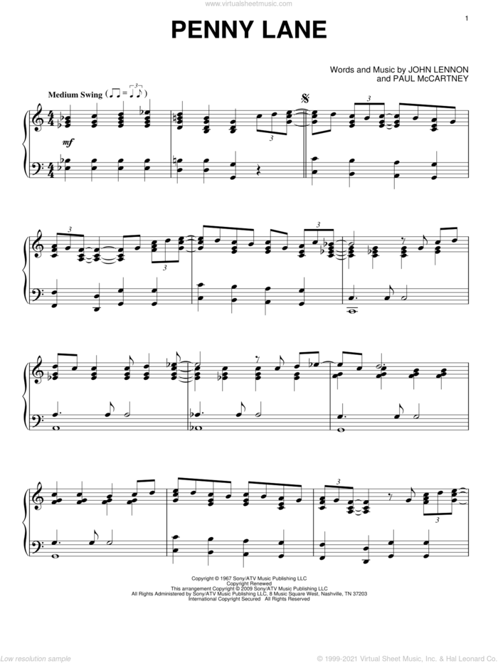 Penny Lane sheet music for piano solo by The Beatles, John Lennon and Paul McCartney, intermediate skill level
