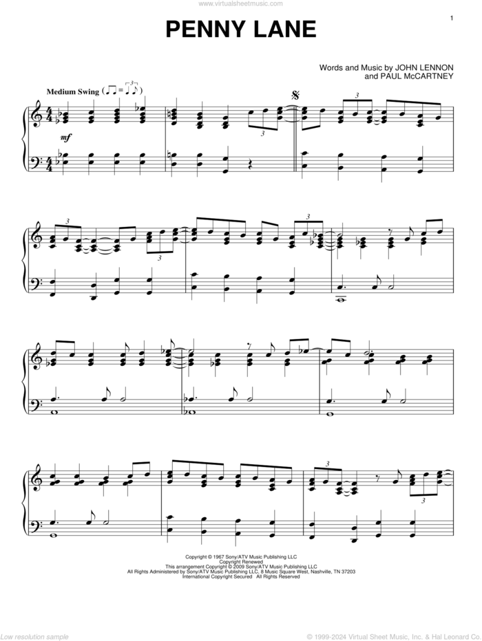 Penny Lane sheet music for piano solo by The Beatles, John Lennon and Paul McCartney, intermediate skill level