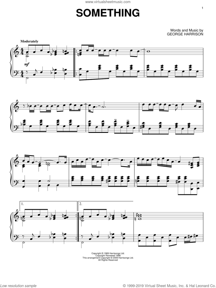 Something, (intermediate) sheet music for piano solo by The Beatles and George Harrison, intermediate skill level