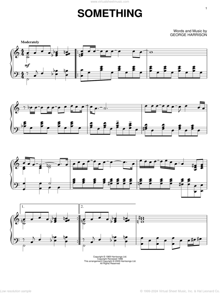 Something, (intermediate) sheet music for piano solo by The Beatles and George Harrison, intermediate skill level