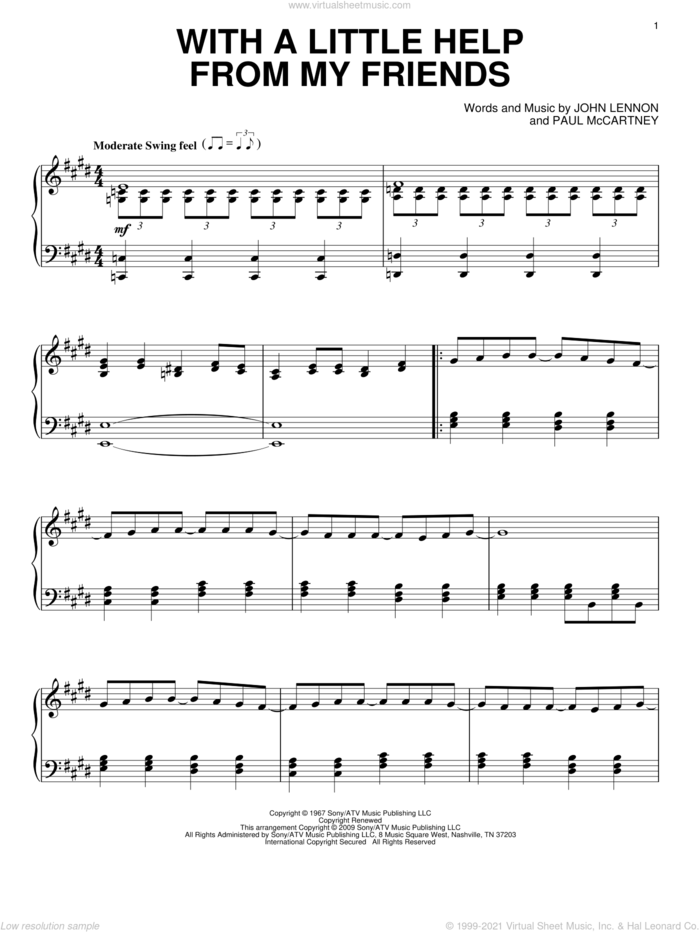 With A Little Help From My Friends, (intermediate) sheet music for piano solo by The Beatles, Joe Cocker, John Lennon and Paul McCartney, intermediate skill level