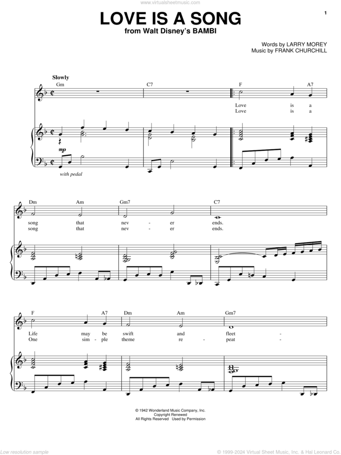 Love Is A Song sheet music for voice and piano by Donald Novis, Frank Churchill and Larry Morey, intermediate skill level