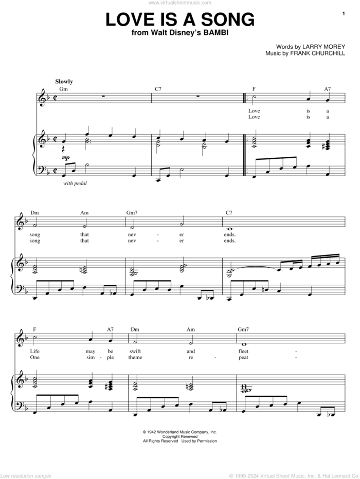 Love Is A Song sheet music for voice and piano by Donald Novis, Frank Churchill and Larry Morey, intermediate skill level