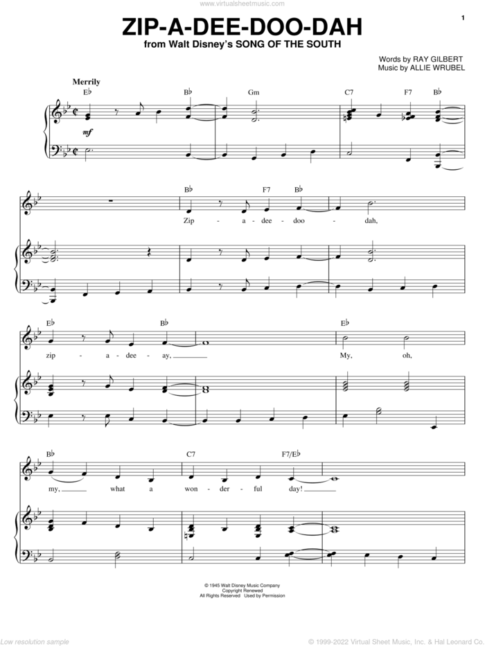 Zip-A-Dee-Doo-Dah (from Song Of The South) sheet music for voice and piano by Ilene Woods, James Baskett, Linda Ronstadt, Al Hoffman, Allie Wrubel, Jerry Livingston, Mack David and Ray Gilbert, intermediate skill level