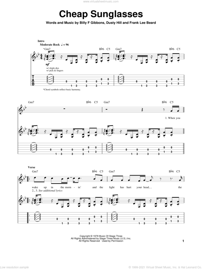 Cheap Sunglasses sheet music for guitar (tablature, play-along) by ZZ Top, Billy Gibbons, Dusty Hill and Frank Beard, intermediate skill level