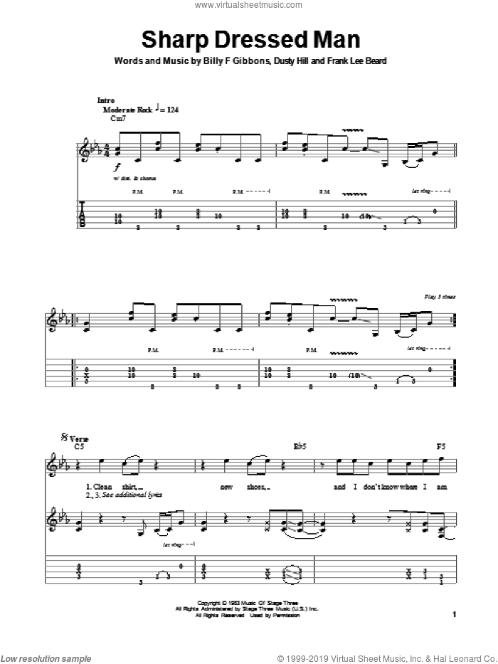 Sharp Dressed Man sheet music for guitar (tablature, play-along) by ZZ Top, Billy Gibbons, Dusty Hill and Frank Beard, intermediate skill level