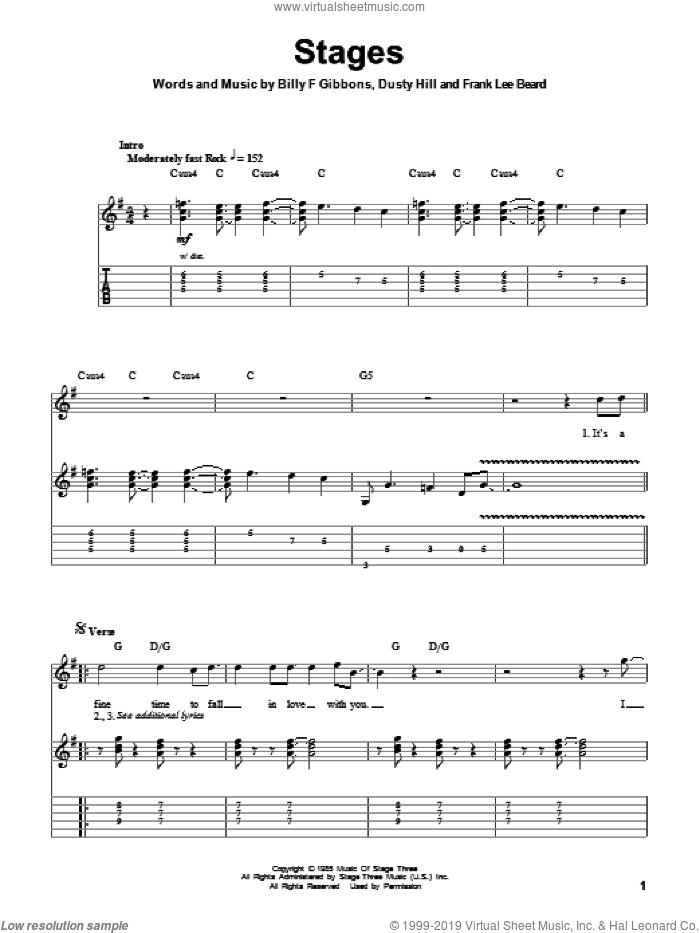 Stages sheet music for guitar (tablature, play-along) by ZZ Top, Billy Gibbons, Dusty Hill and Frank Beard, intermediate skill level