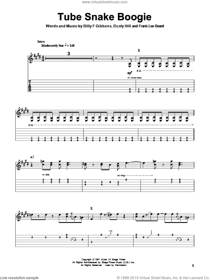Tube Snake Boogie sheet music for guitar (tablature, play-along) by ZZ Top, Billy Gibbons, Dusty Hill and Frank Beard, intermediate skill level