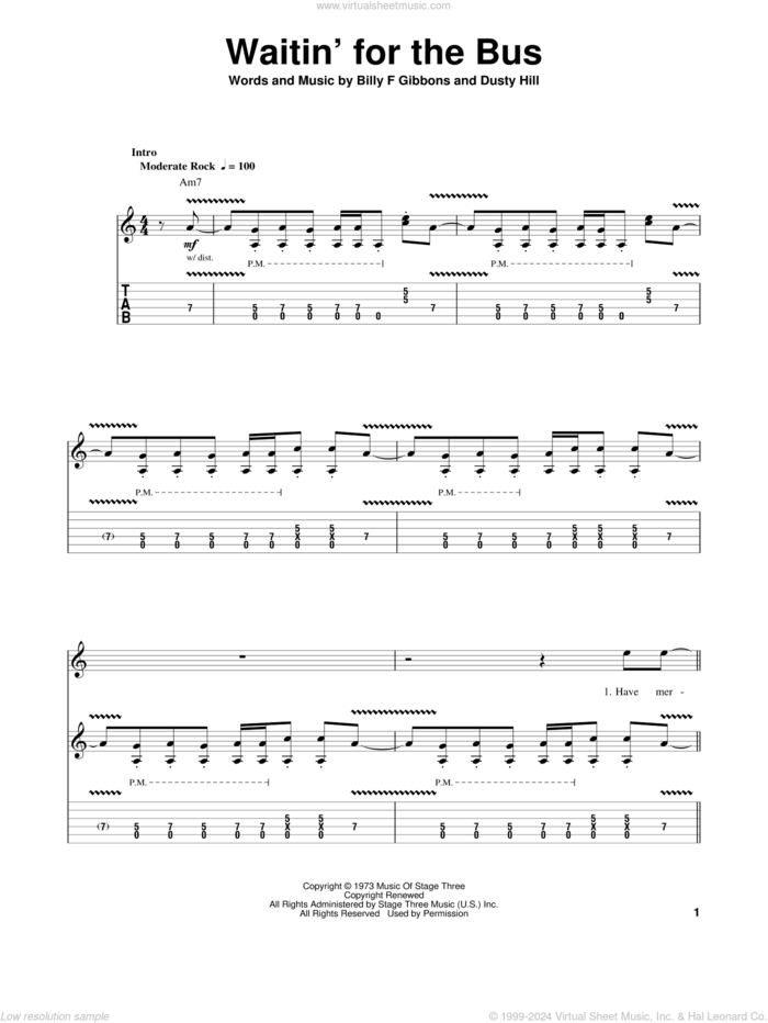 Waitin' For The Bus sheet music for guitar (tablature, play-along) by ZZ Top, Billy Gibbons and Dusty Hill, intermediate skill level