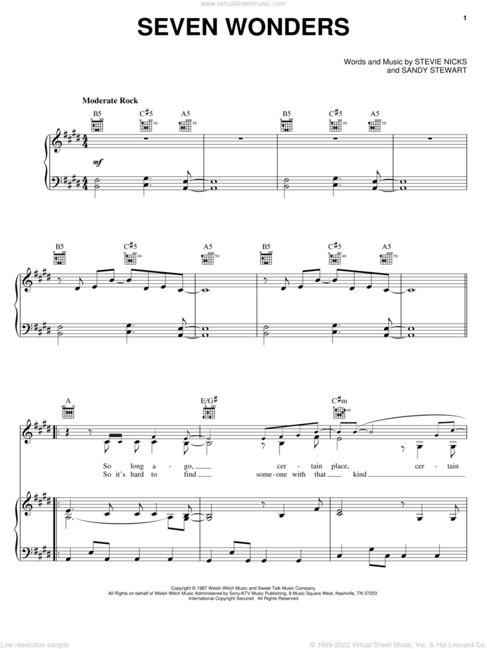 Seven Wonders sheet music for voice, piano or guitar by Fleetwood Mac, Sandy Stewart and Stevie Nicks, intermediate skill level