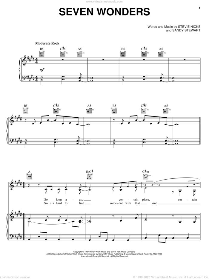 Seven Wonders sheet music for voice, piano or guitar by Fleetwood Mac, Sandy Stewart and Stevie Nicks, intermediate skill level