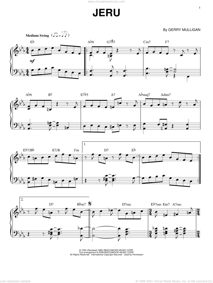 Jeru sheet music for piano solo by Gerry Mulligan and Miles Davis, intermediate skill level