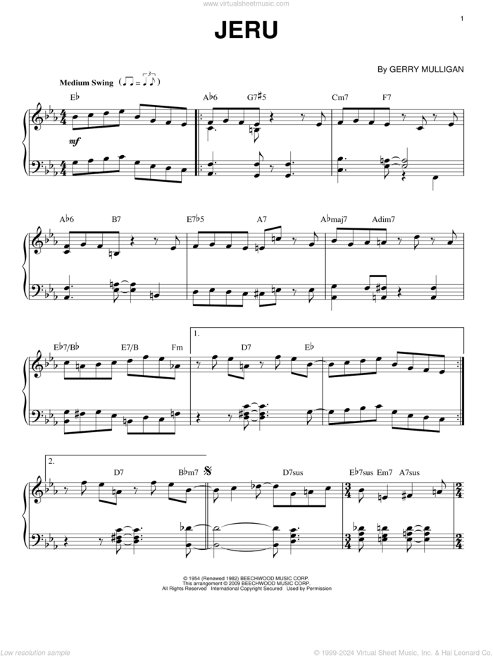 Jeru sheet music for piano solo by Gerry Mulligan and Miles Davis, intermediate skill level