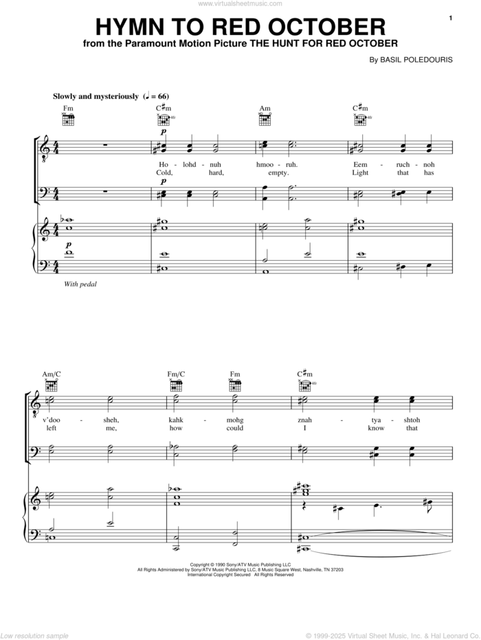 Hymn To Red October sheet music for voice, piano or guitar by Basil Poledouris, intermediate skill level