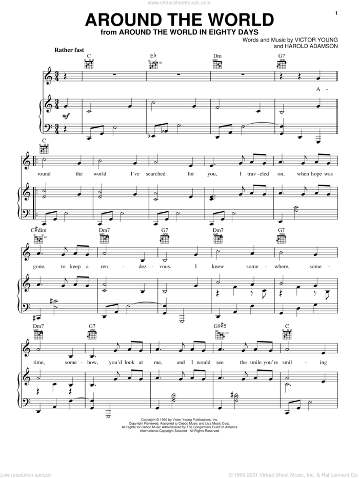 Around The World sheet music for voice, piano or guitar by Victor Young and Harold Adamson, intermediate skill level