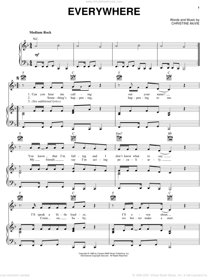 Everywhere sheet music for voice, piano or guitar by Fleetwood Mac and Christine McVie, intermediate skill level
