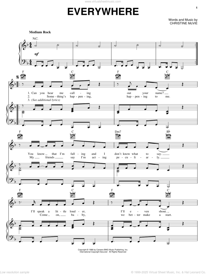 Everywhere sheet music for voice, piano or guitar by Fleetwood Mac and Christine McVie, intermediate skill level