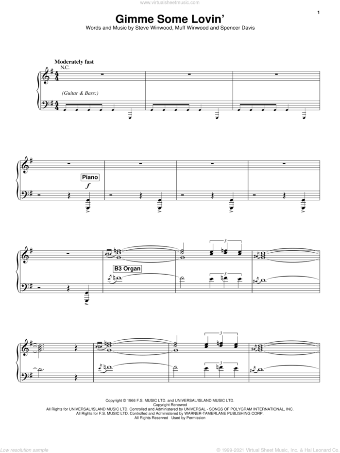 Gimme Some Lovin' sheet music for voice and piano by The Spencer Davis Group, Muff Winwood, Spencer Davis and Steve Winwood, intermediate skill level
