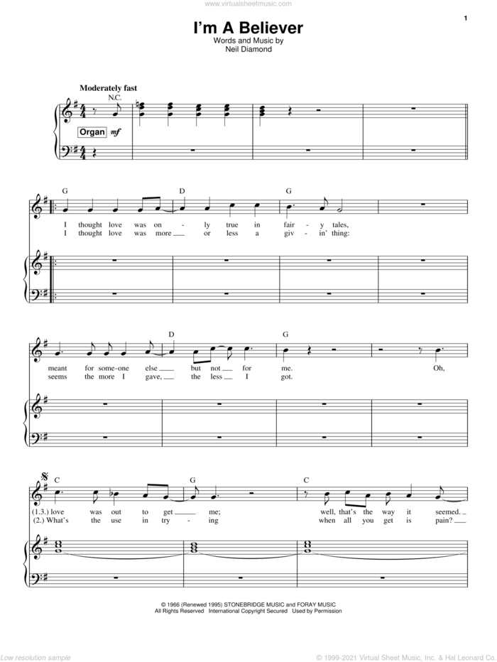 I'm A Believer sheet music for voice and piano by The Monkees and Neil Diamond, intermediate skill level