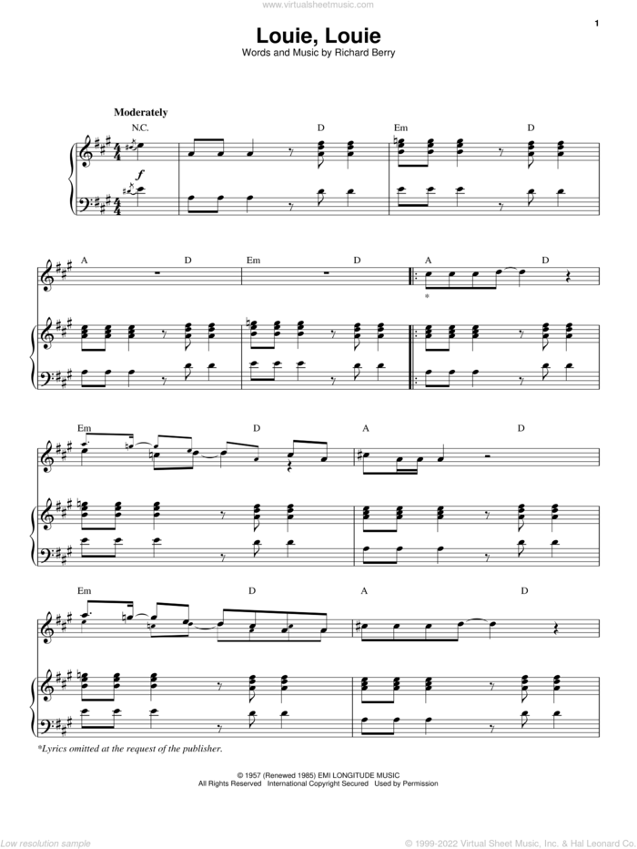 Louie, Louie sheet music for voice and piano by The Kingsmen and Richard Berry, intermediate skill level