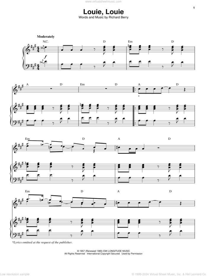 Louie, Louie sheet music for voice and piano by The Kingsmen and Richard Berry, intermediate skill level