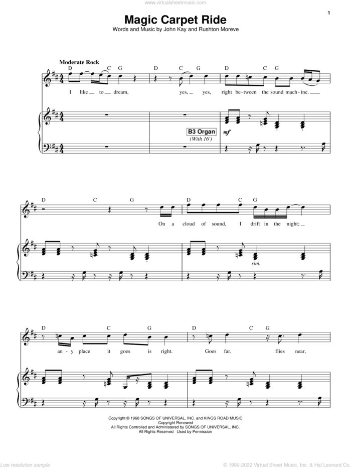 Magic Carpet Ride sheet music for voice and piano by Steppenwolf, John Kay and Rushton Moreve, intermediate skill level