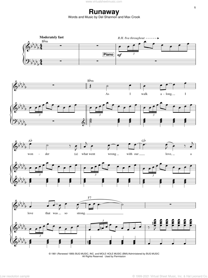 Runaway sheet music for voice and piano by Del Shannon and Max Crook, intermediate skill level