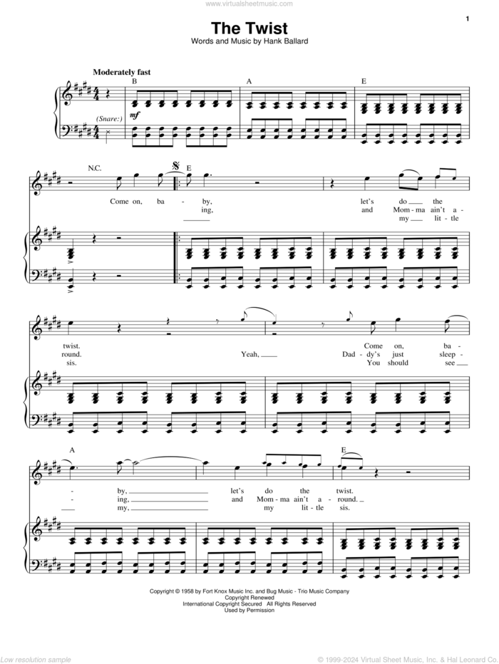 The Twist sheet music for voice and piano by Chubby Checker and Hank Ballard, intermediate skill level