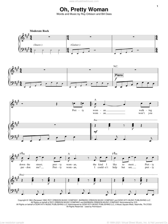 Oh, Pretty Woman sheet music for voice and piano by Roy Orbison and Bill Dees, intermediate skill level