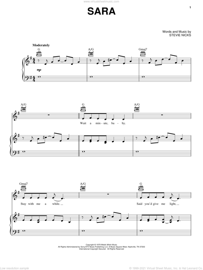 Sara sheet music for voice, piano or guitar by Fleetwood Mac and Stevie Nicks, intermediate skill level