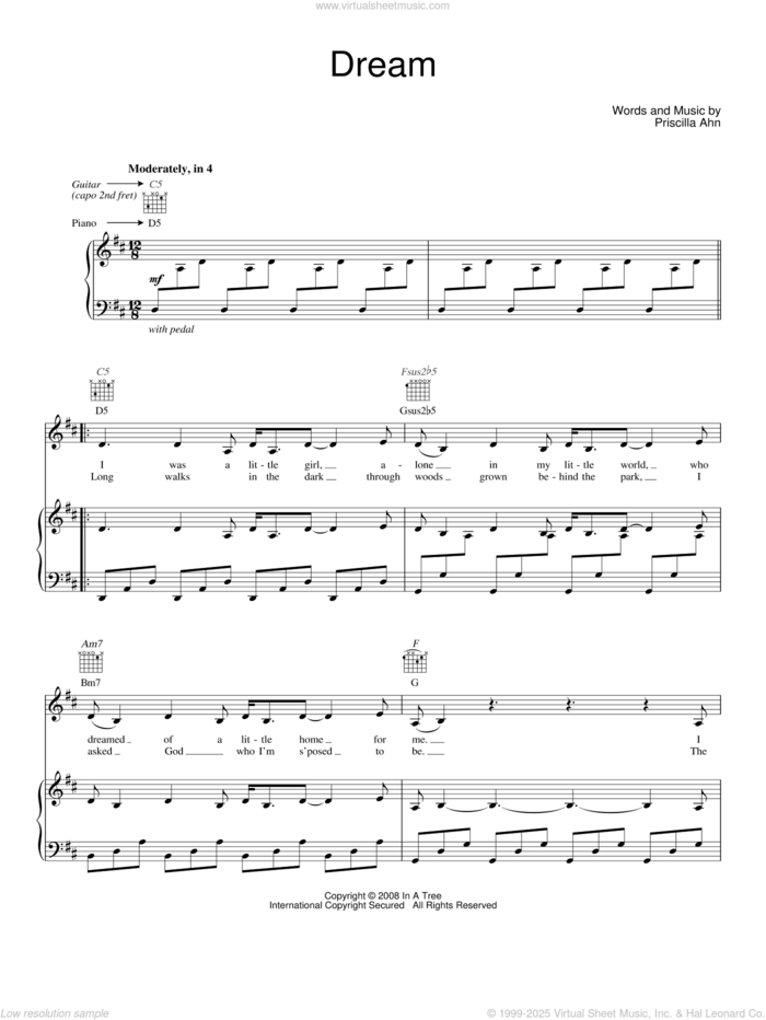 Dream sheet music for voice, piano or guitar by Priscilla Ahn, intermediate skill level