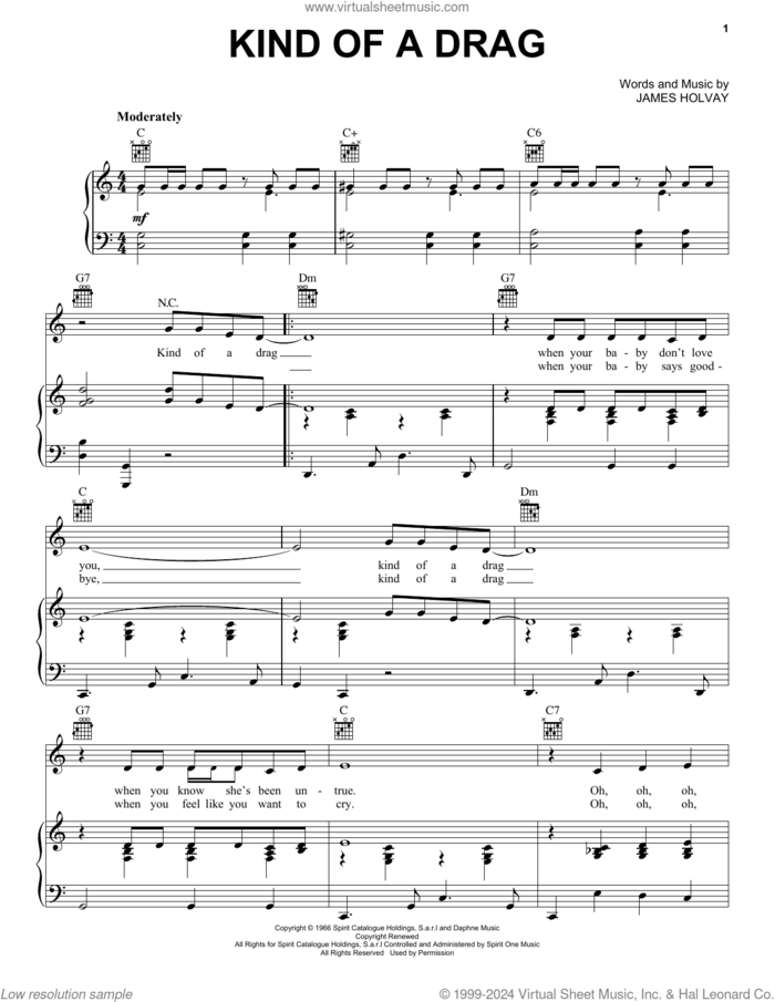 Kind Of A Drag sheet music for voice, piano or guitar by The Buckinghams and James Holvay, intermediate skill level