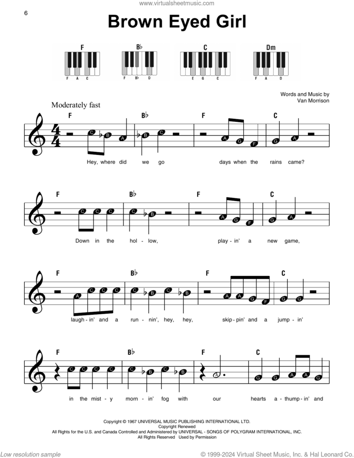Brown Eyed Girl sheet music for piano solo by Van Morrison, beginner skill level