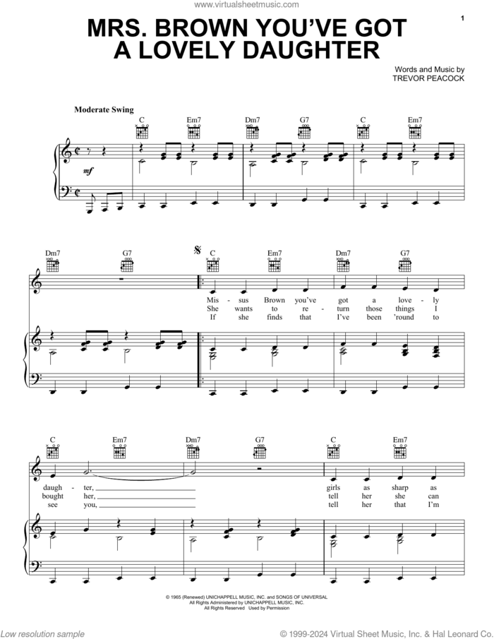 Mrs. Brown You've Got A Lovely Daughter sheet music for voice, piano or guitar by Herman's Hermits and Trevor Peacock, intermediate skill level