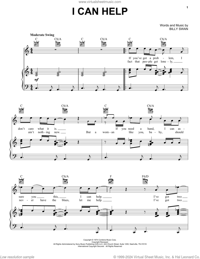 I Can Help sheet music for voice, piano or guitar by Billy Swan, intermediate skill level