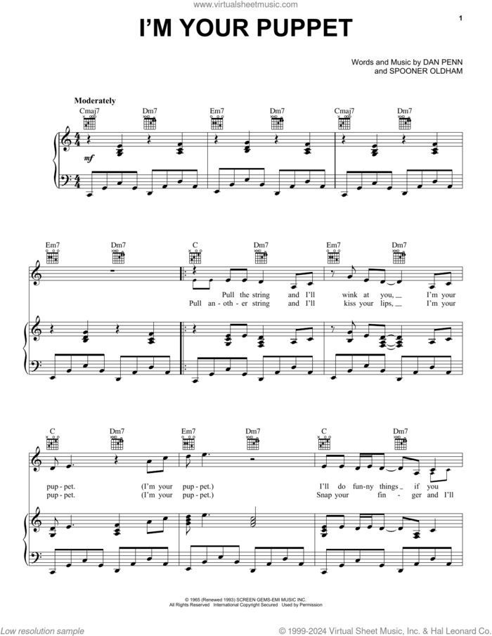 I'm Your Puppet sheet music for voice, piano or guitar by James & Bobby Purify, Dan Penn and Spooner Oldham, intermediate skill level