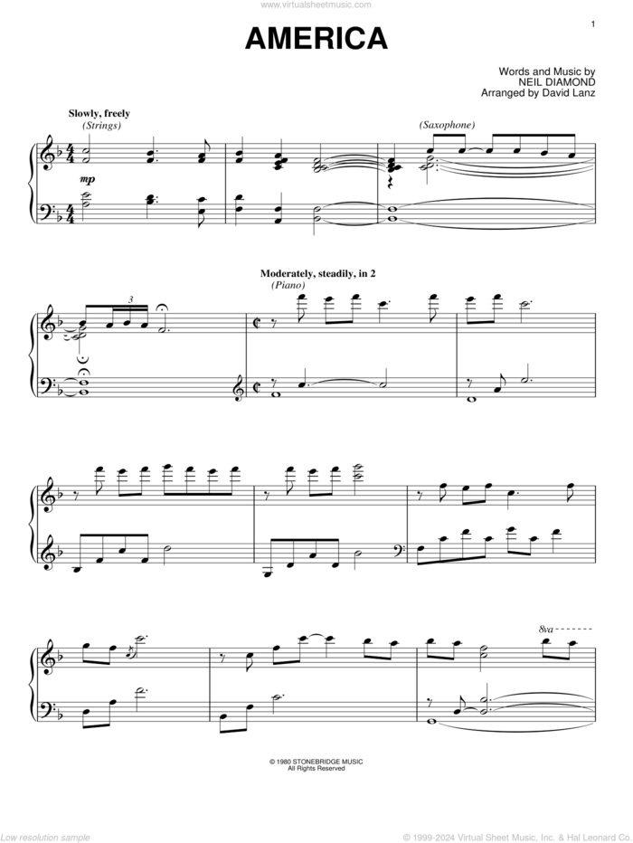 America, (intermediate) sheet music for piano solo by Neil Diamond, intermediate skill level
