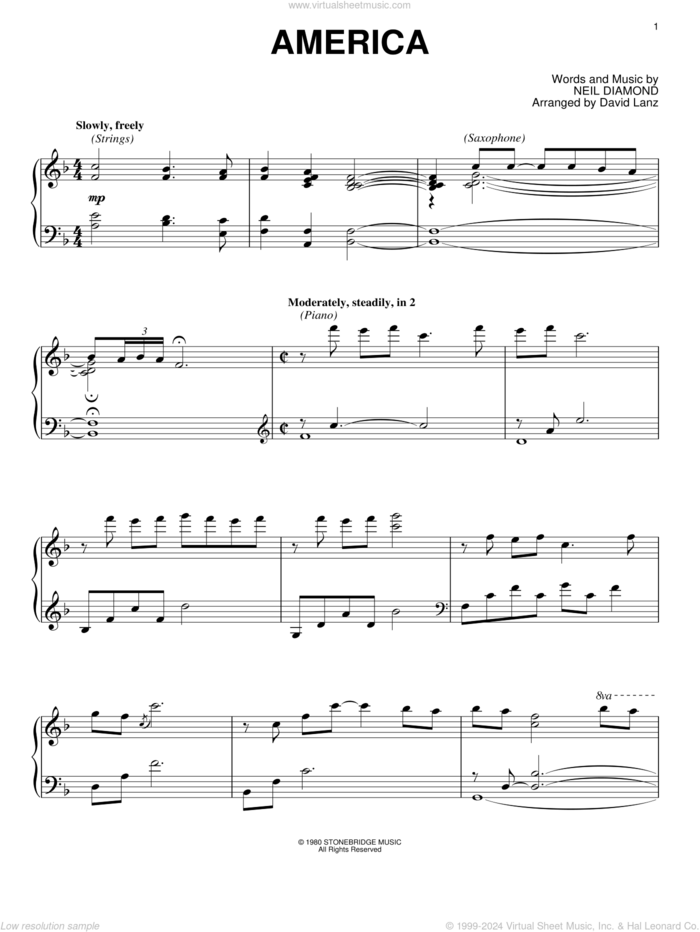 America, (intermediate) sheet music for piano solo by Neil Diamond, intermediate skill level