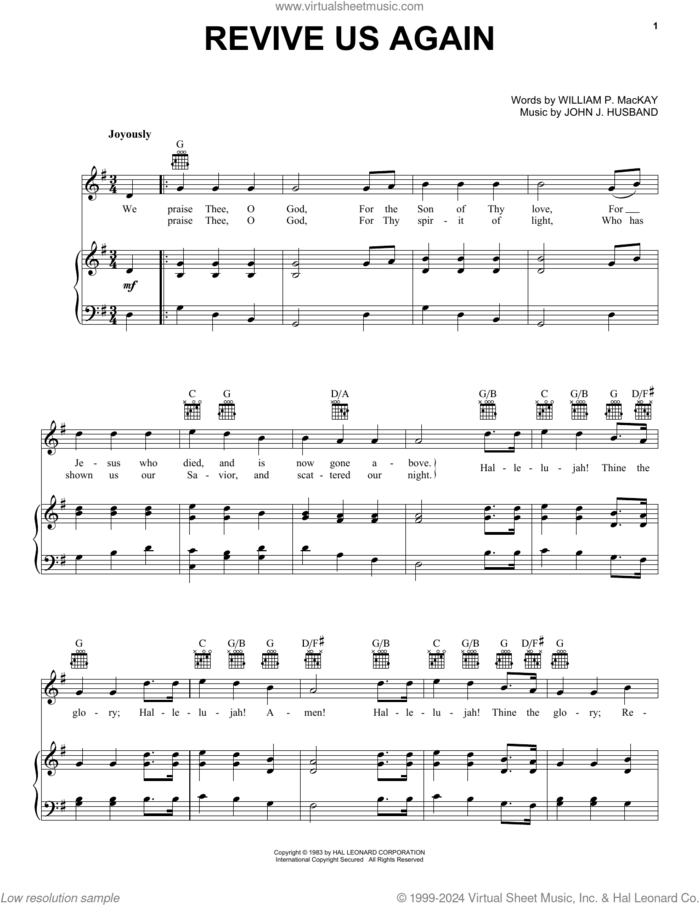 Revive Us Again sheet music for voice, piano or guitar by John J. Husband and William P. MacKay, intermediate skill level